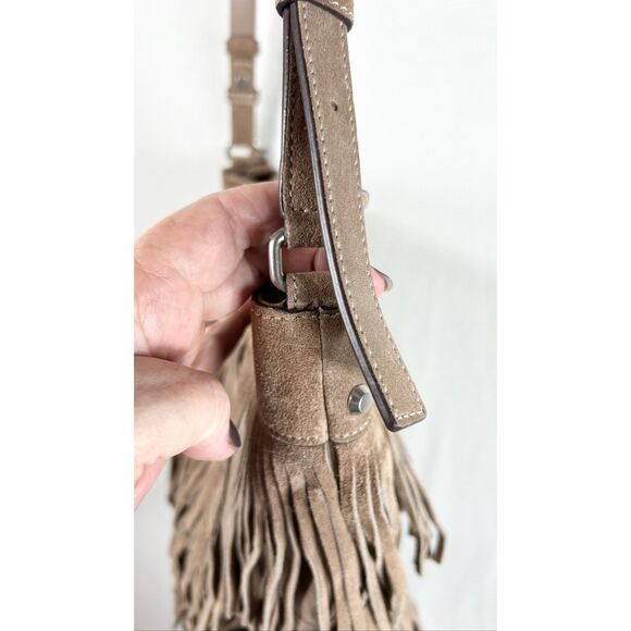 Michael Kors Billy Fringe Boho Crossbody Bag Taupe Suede Studded Western Style - Picture 15 of 16
